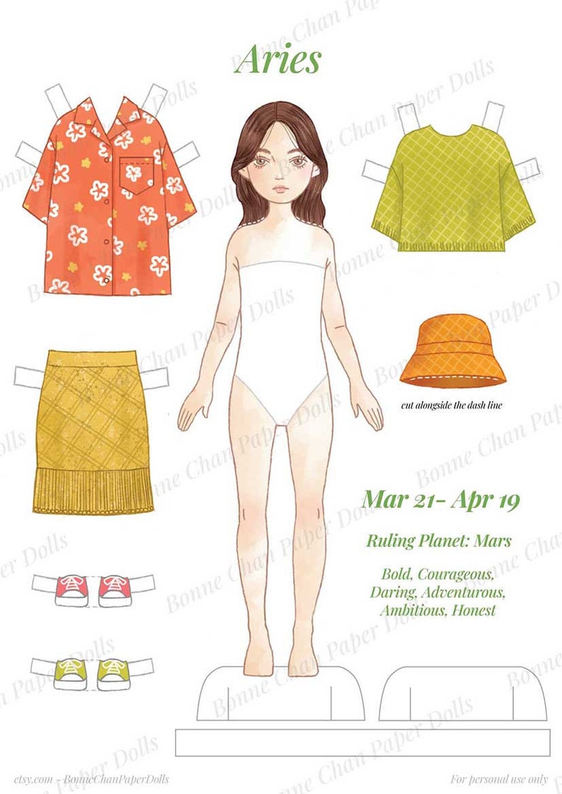 Puede incluir: Un conjunto de mu&ntilde;eca de papel imprimible con una ni&ntilde;a de cabello largo y casta&ntilde;o que lleva un vestido blanco. El conjunto incluye una variedad de atuendos, incluyendo una camisa floral roja y blanca, una falda amarilla, un su&eacute;ter verde, un sombrero de cubo amarillo y naranja, y dos pares de zapatos. El texto "Aries Mar 21-Apr 19 Ruling Planet: Mars Bold, Courageous, Daring, Adventurous, Ambitious, Honest" est&aacute; incluido en la p&aacute;gina.