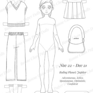 Puede incluir: Una mu&ntilde;eca de papel imprimible en blanco y negro del signo del zod&iacute;aco Sagitario. La mu&ntilde;eca tiene una falda, pantalones, un su&eacute;ter y una bolsa. El texto "Nov 22 - Dec 21" y "Ruling Planet: Jupiter" est&aacute; incluido.  Aventurero, activo, espont&aacute;neo, optimista, seguro de s&iacute; mismo.