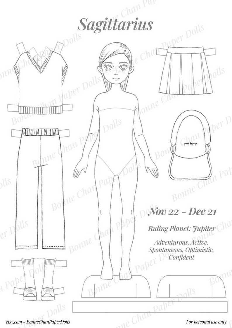 Puede incluir: Una mu&ntilde;eca de papel imprimible en blanco y negro del signo del zod&iacute;aco Sagitario. La mu&ntilde;eca tiene una falda, pantalones, un su&eacute;ter y una bolsa. El texto "Nov 22 - Dec 21" y "Ruling Planet: Jupiter" est&aacute; incluido.  Aventurero, activo, espont&aacute;neo, optimista, seguro de s&iacute; mismo.