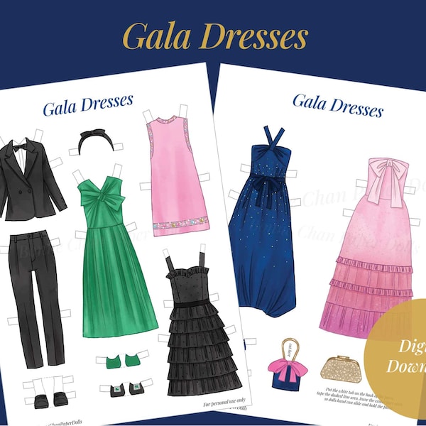 Paper Doll Printable PDF Clothes Gala Dresses / Instant Download / Kid Craft / Fashion Toys / Ballgown Couture Tuxedo Party Glamorous Girl