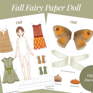 Paper Doll Printable Fall Fairy PDF / Craft Kit / Instant Download / Kid Craft / Fashion Doll / Autumn Dry Leaves Brown Red Green Romantic