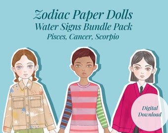 Muñecas de papel del zodíaco / Signos de agua: Piscis, Cáncer, Escorpio (PDF imprimible)