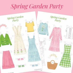 May include: Two paper doll sheets with the text "Spring Garden Party" feature various watercolor outfits. The outfits include dresses, tops, skirts, and accessories in pastel colors like green, pink, yellow, and blue. The outfits are designed for paper dolls.