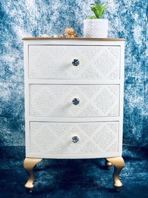 Bedside Table Night Stand Vintage White and Gold Bed Side Table