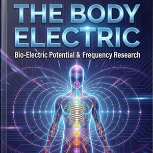 Könnte beinhalten: Buchcover mit dem Titel "THE BODY ELECTRIC" und dem Untertitel "Bio-Electric Potential & Frequency Research". Das Cover zeigt eine Illustration einer menschlichen Figur mit Energielinien und Text, der Themen wie Blutelektrifizierung und Ozontherapie auflistet. Autor: Ismail Altun.