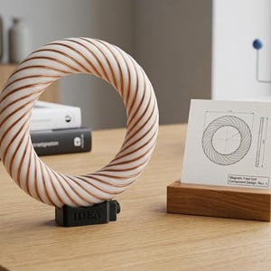 Pode incluir: Uma bobina de campo magnético toroidal branca e cor de cobre com um padrão em espiral, montada numa base preta com a etiqueta IDEA. Ao lado, um cartão de diagrama técnico num suporte de madeira mostra dimensões e o texto Magnetic Field Coil.