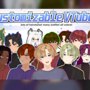 May include: A customizable virtual YouTuber avatar creator with a variety of hairstyles, outfits, and colours. The image shows a group of avatars with different hair colours, styles, and clothing.