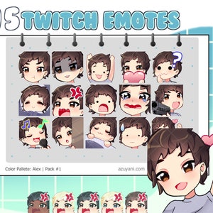twitch emote pack #1 ( alex : brown hair, brown eyes ) emotes for gamers // streamers // boy emotes // kawaii emotes // chibi emotes