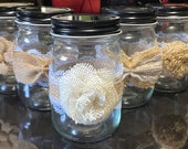 Burlap ribbons and flowers on mason jars. Set of 7