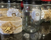 Burlap ribbons and flowers on mason jars. Set of 5