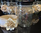 Burlap ribbons and flowers on mason jars. Set of 6