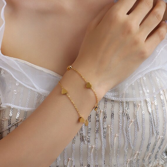 Gold Double Chain Hearts Charm Bracelet Layering Bracelet