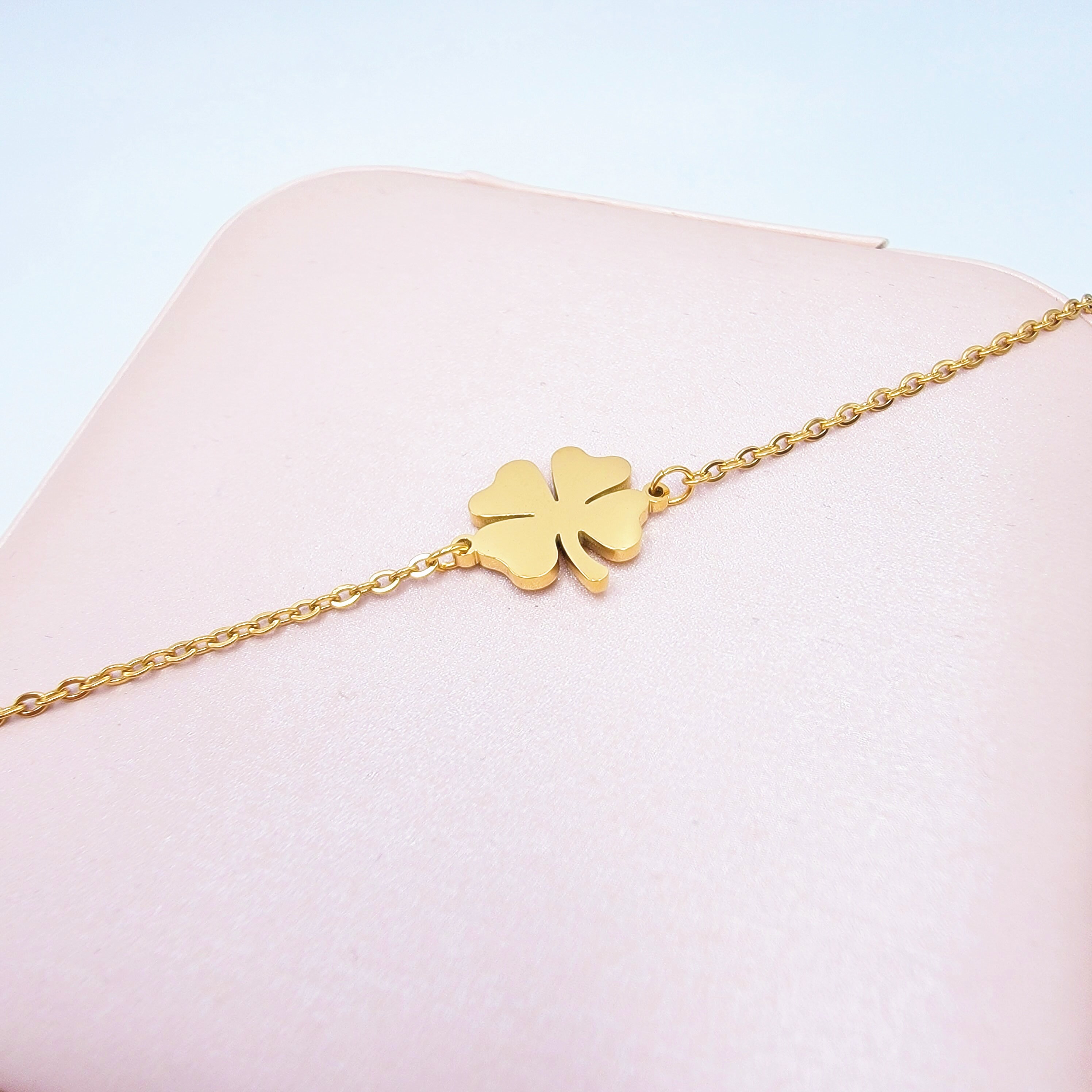 Gold clover bracelet * Green four leaf clover charm * Stacking