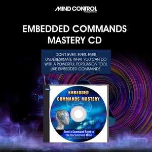 Op de afbeelding: Een CD met een kleurrijk swirl-ontwerp en de tekst "Embedded Commands Mastery" op een zilveren schijf. De tekst "Send a Command Right to the Unconscious Mind" staat ook op de schijf. De CD is gelabeld met "Sale!" en is omgeven door een kleurrijke achtergrond.