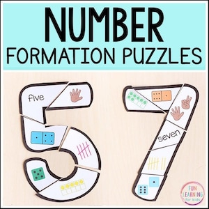 May include: Number formation puzzles for children. The puzzles show the numbers 5 and 7 with different representations, including the word, tally marks, dice, and fingers.