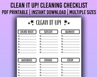 Könnte beinhalten: Eine druckbare Reinigungscheckliste in Schwarzweiß. Die Checkliste ist in Abschnitte für verschiedene Räume unterteilt, darunter Wohnzimmer, Küche, Schlafzimmer, Badezimmer, Lagerraum und Sonstiges. Es gibt auch einen Abschnitt für Notizen.