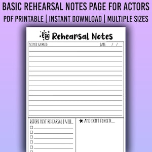 Rehearsal Notes Page for Actors - Notes Page Printable - PDF Printable Notes Page - Rehearsal Notes - Resource for Actors - Drama School