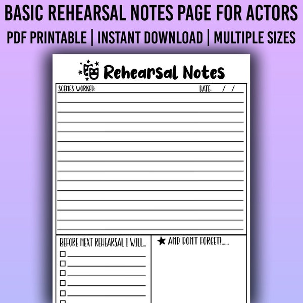 Rehearsal Notes Page for Actors - Notes Page Printable - PDF Printable Notes Page - Rehearsal Notes - Resource for Actors - Drama School