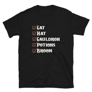 Witch checklist fun Funny sexy Halloween cat hat cauldron potion broom Short-Sleeve Unisex T-Shirt