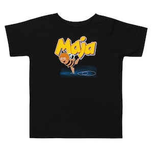 May include: Black t-shirt with a yellow cartoon bee character and the word "Maja" in yellow letters.