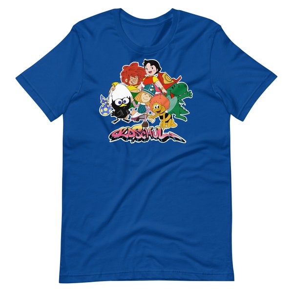 Jaren '80 retro vintage Duitse tv-show karakters 80er Kinder Serie Zeichentrick Heidi, Wickie, Pumuckl, Calimero, Grisu, Maja Old Schul t-shirt