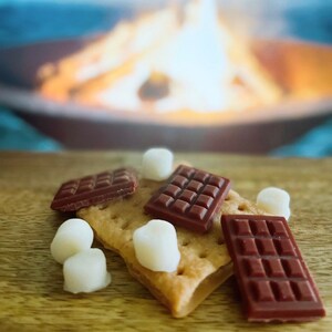 May include: A s'more with graham crackers, chocolate squares, and marshmallows on a wooden surface.