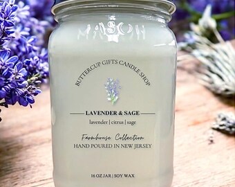 Lavender and Sage Candle, Herbal Soy Candle, Farmhouse Mason Jar, Calming Aromatherapy Candle, Spa Gifts, Relaxing Home Scent, All Natural