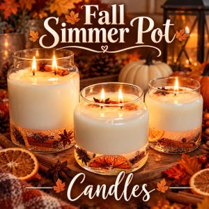 May include: Three clear glass jar candles with two wicks each, filled with white wax. The base of each candle contains embedded dried orange slices, cinnamon sticks, and star anise. The text Fall Simmer Pot Candles is visible.