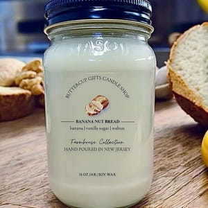 Banana Nut Bread Candle, Bakery Scented Soy Candle, Farmhouse Mason Jar, Sweet Banana & Walnut, Hand Poured Cozy Gift Candle