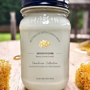 Honeycomb Candle, Sweet Honey Scented Soy Candle, Farmhouse Mason Jar, Beeswax & Vanilla, Cozy Rustic Gift, Hand Poured Candle