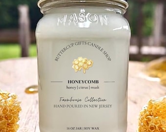 Honeycomb Candle, Sweet Honey Scented Soy Candle, Farmhouse Mason Jar, Beeswax & Vanilla, Cozy Rustic Gift, Hand Poured Candle