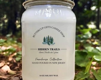 Hidden Trails Soy Candle, Earthy Forest Scent, Farmhouse Mason Jar, Rustic Home Decor,  Hand Poured Gift Candle, gift for him, woodsy cabin