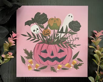 8x8 Pink Halloween Candy Art Print | Spooky Artwork | Pumpkin Decor | Jack O Lantern | Ghosts | Fall Illustration | Halloween Decoration