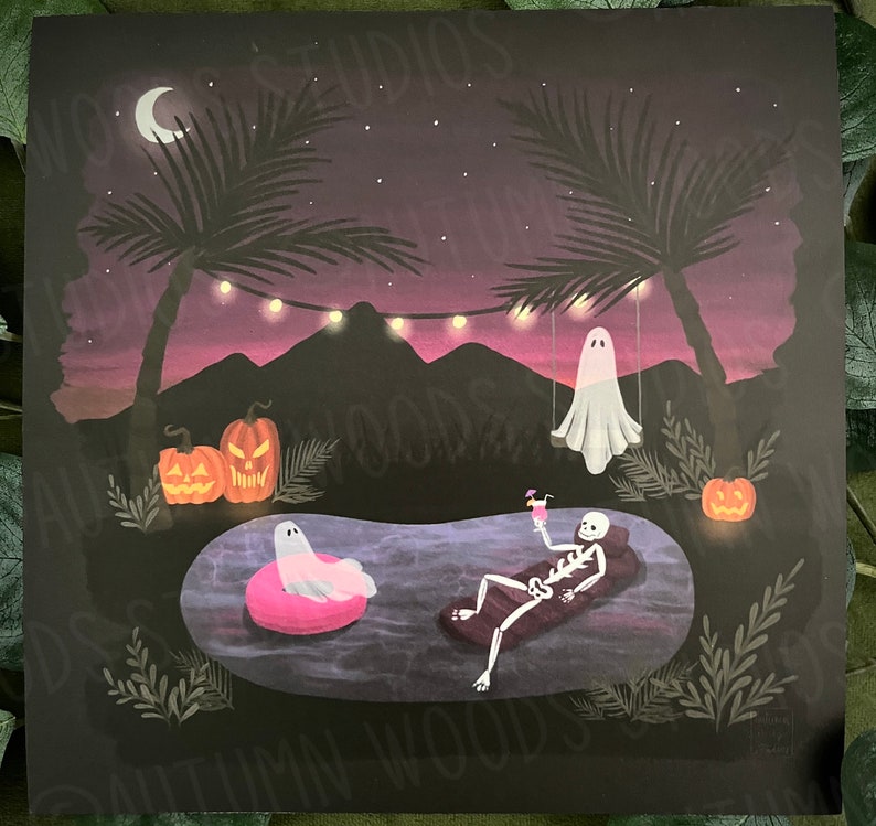 May include: A skeleton wearing a swimsuit relaxes in a pool with a pink cocktail. Two ghosts float in the background, one on a swing and one in the pool. Palm trees and jack-o-lanterns decorate the scene.