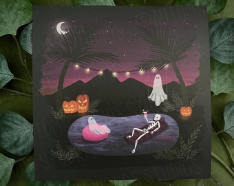 8x8 Summerween Art Print | Spooky Artwork | Pumpkin Decor | Jack O Lantern | Ghosts | Skeleton | Fall Illustration | Halloween Decoration