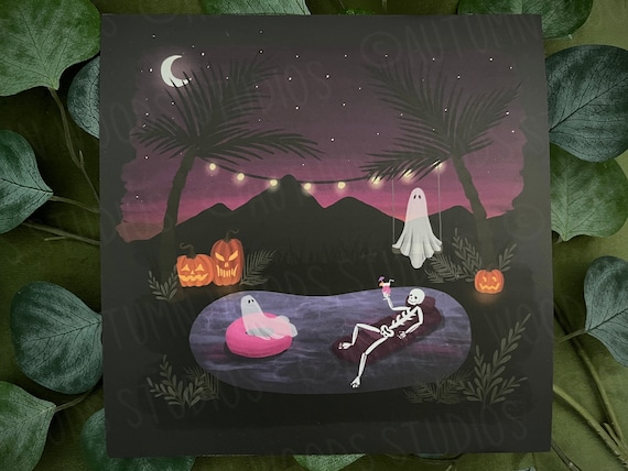 8x8 Summerween Art Print | Spooky Artwork | Pumpkin Decor | Jack O Lantern | Ghosts | Skeleton | Fall Illustration | Halloween Decoration