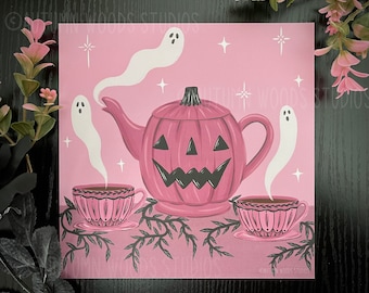 8x8 Pink Spooky Tea Art Print | Halloween Artwork | Pumpkin | Jack O Lantern | Ghosts | Fall Decor | Halloween Decoration | Tea Pot | Teacup