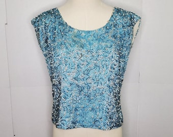 Vintage Blue Sequin Blouse with Pearl Details Retro Antique 80s