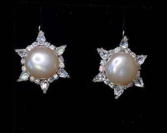 Pendientes Vintage Rhinestone Drop con Faux Pearl Silver Tone