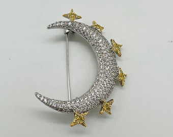 Impresionante broche de luna y estrellas de circón cúbico, alfiler, accesorio