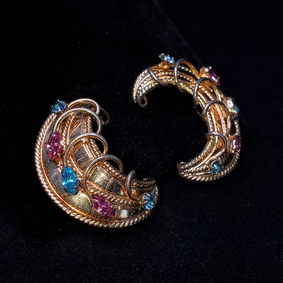 Vintage Karu Arke Stone Crescent Clip on Earrings Gold Tone Etsy