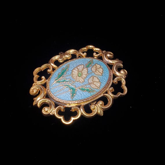 Vintage Guilloche Enamel Flower Brooch Pin Gold T… - image 4