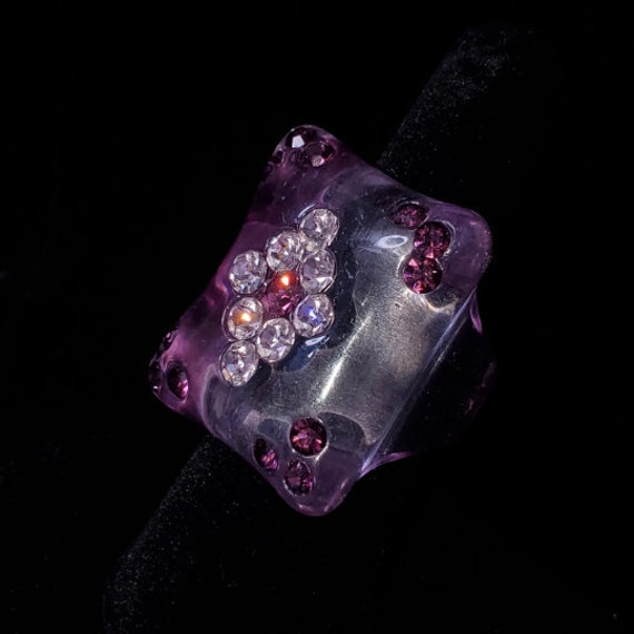 Vintage Retro Lucite Purple Stone Chunky Block Ring