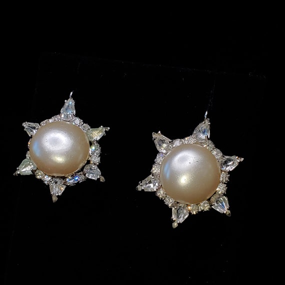 Vintage Rhinestone Drop Earrings with Faux Pearl … - image 3