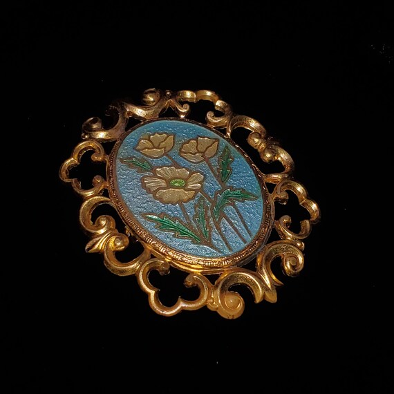 Vintage Guilloche Enamel Flower Brooch Pin Gold T… - image 3