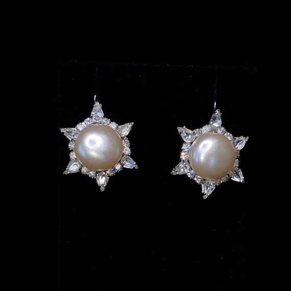 Vintage Rhinestone Drop Earrings with Faux Pearl … - image 1