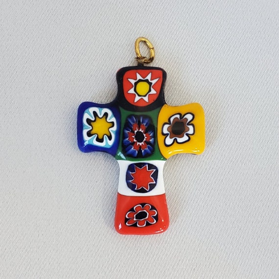 Vintage GlassofVenice Murano Millefiori Cross Pendant Handmade