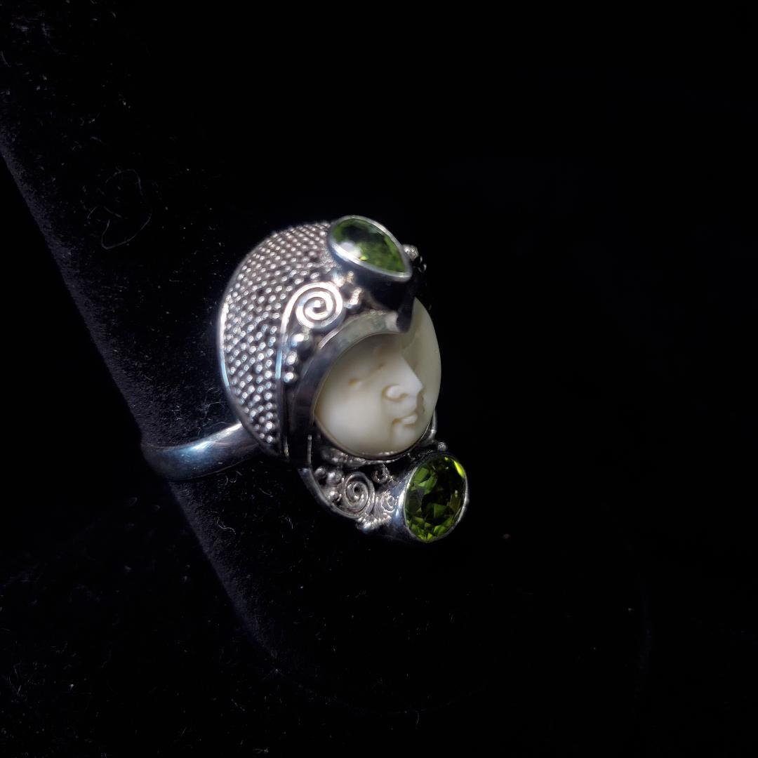 Bali Indonesia Goddess Carved Face Peridot Green Gemstone Sterling ...