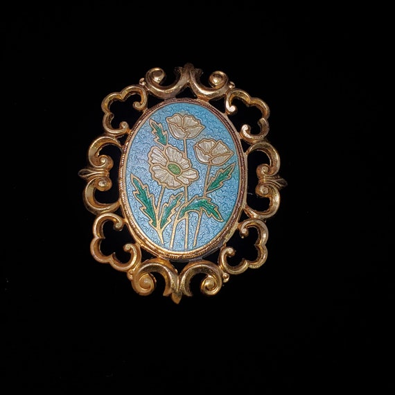 Vintage Guilloche Enamel Flower Brooch Pin Gold T… - image 2