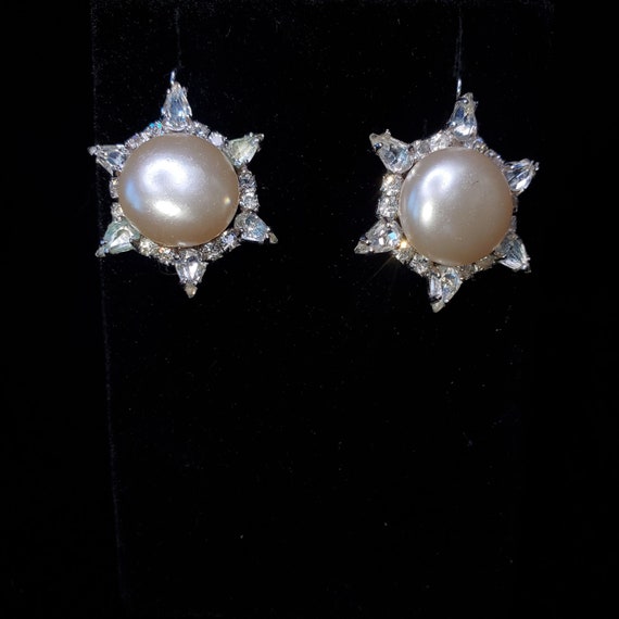 Vintage Rhinestone Drop Earrings with Faux Pearl … - image 2